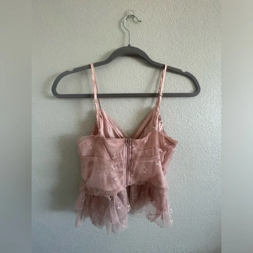 Pink Lily Moving To The Beat Blush Star Applique Twist Front Tulle Tank